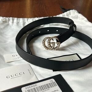 Gucci Black Leather Thin Belt with Pearl GG Logo - 75 cm